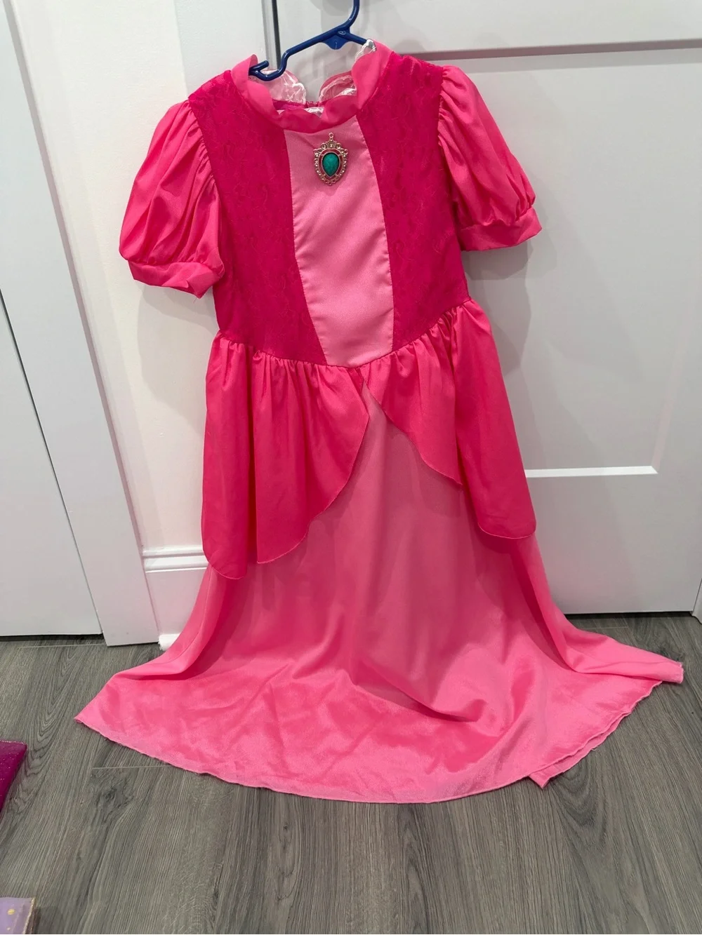 Girls' Hot Pink Princess Dress with Green Gem Brooch